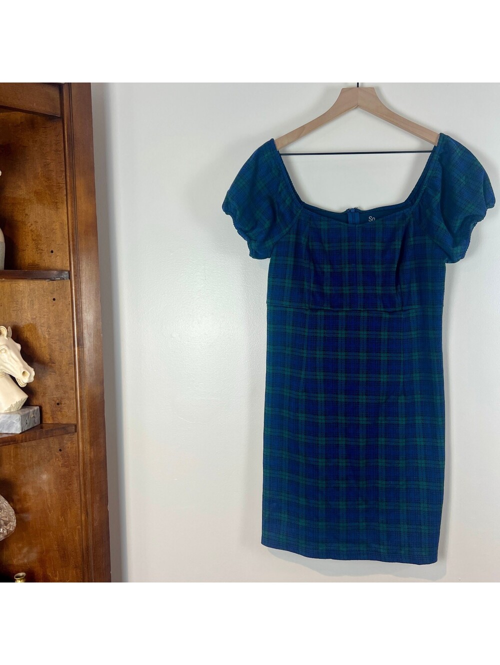 So Blue Green Plaid Puff Sleeve Square Neck Mini Dress Size L NWOT